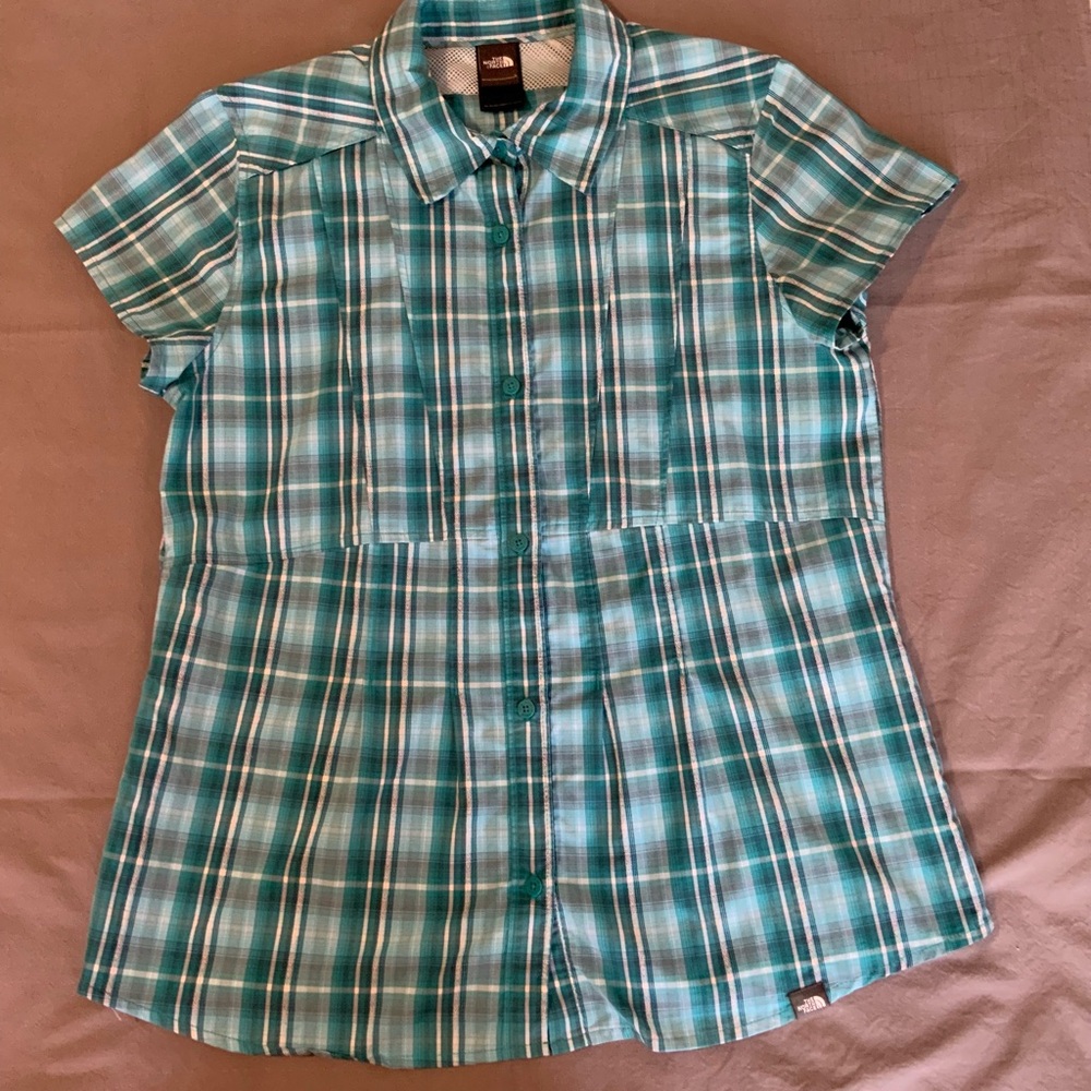 The North Face Women's Lightweight Teal Checkered Button Down Shirt, Size L